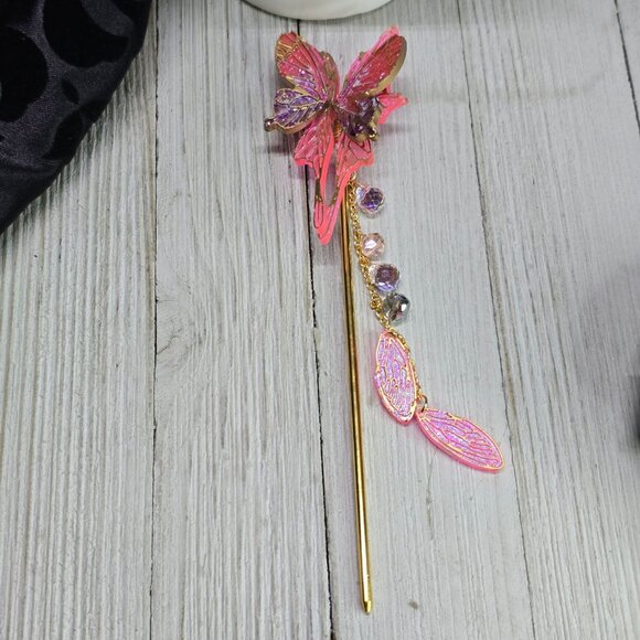 Handmade Delicate Gold and Pink Butterfly Hair Stick w/ Wings and Crystal 7" L - Picture 5 of 8